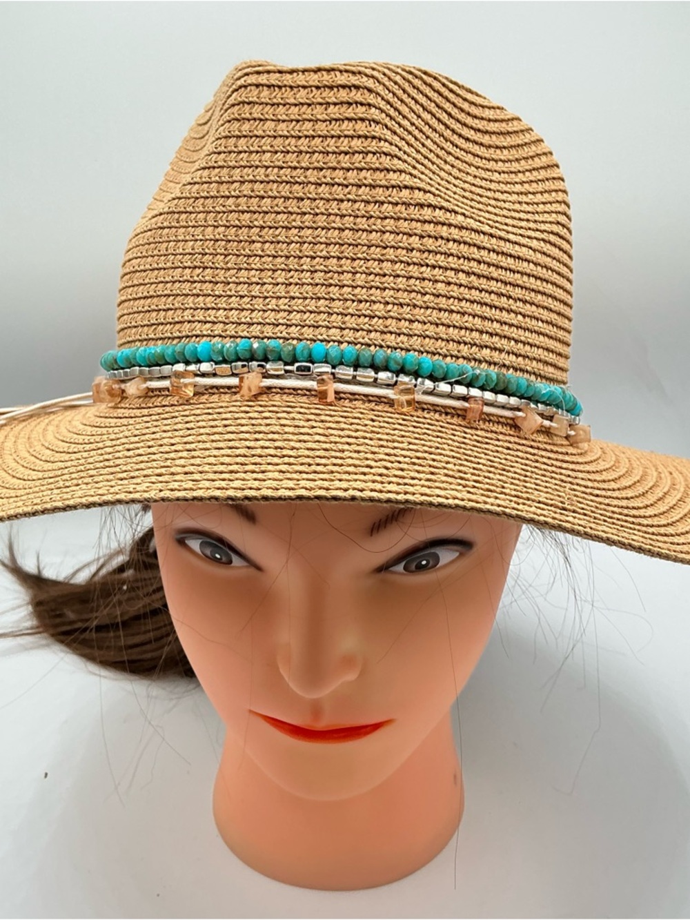 Straw Fedora Hat with Turquoise Bead Band - Women Accessories